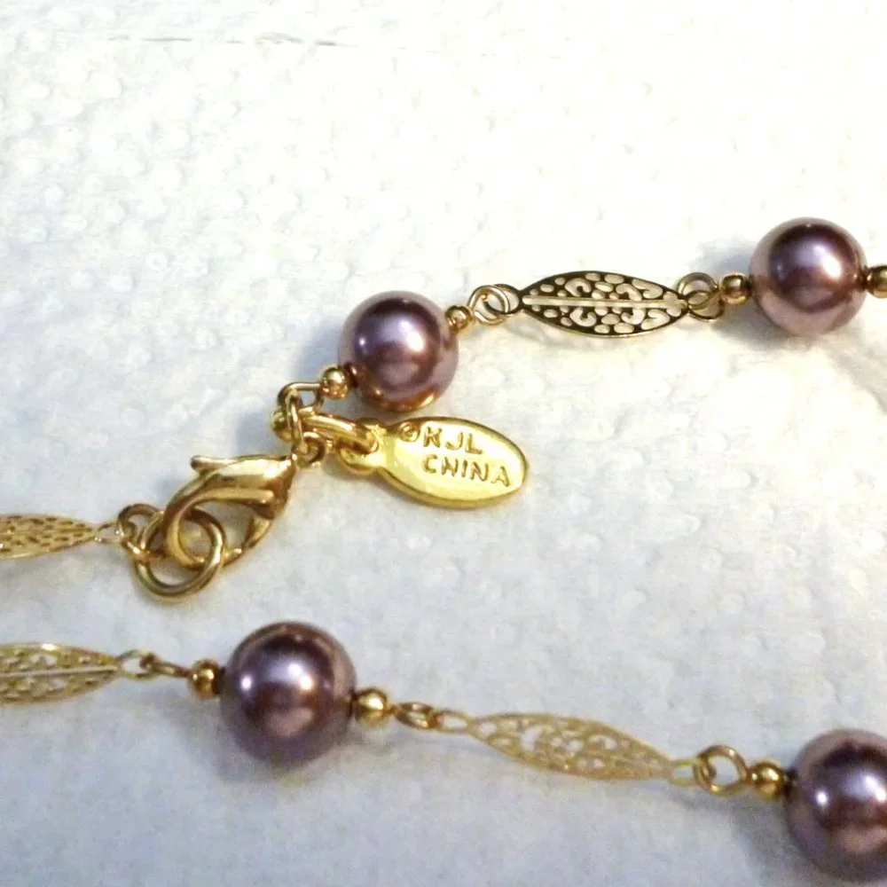 Kenneth Jay Lane Necklace Mocha Faux Pearl & Gold Plated Filigree 36